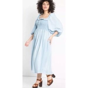 Eloquii Smoked Bodice Chambray Puff Sleeve Light Wash Denim Dress Size 20 Thick